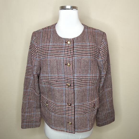 Talbots Plaid Wool Suit Jacket Crest Buttons Burgundy Multicolor - Picture 1 of 10